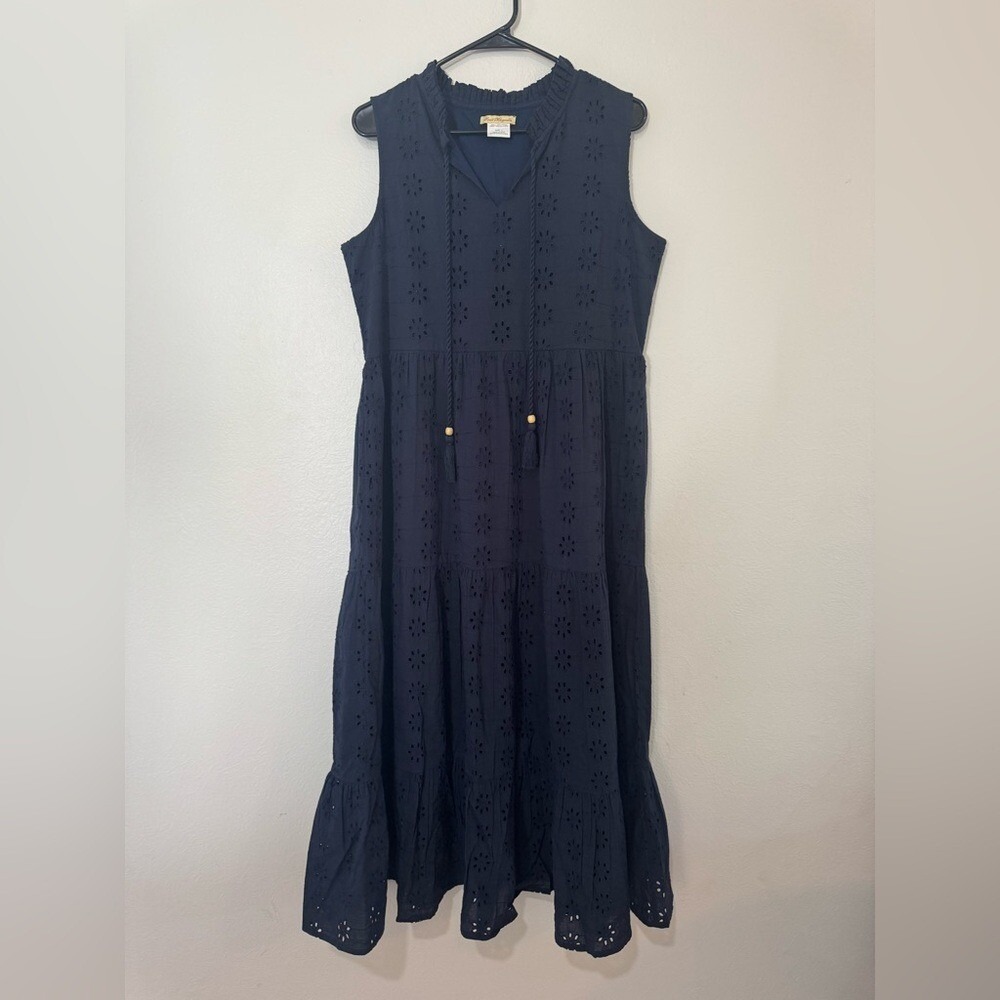 Sweet Magnolia Navy Blue Eyelet Cotton Maxi Dress Boho Tiered Tassel Large (832)